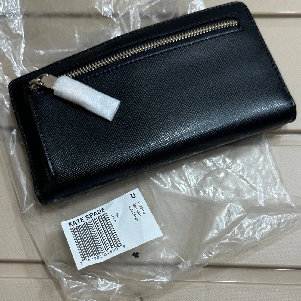 kate spade Black Saffiano Leather Zip Wallet with Gold Logo